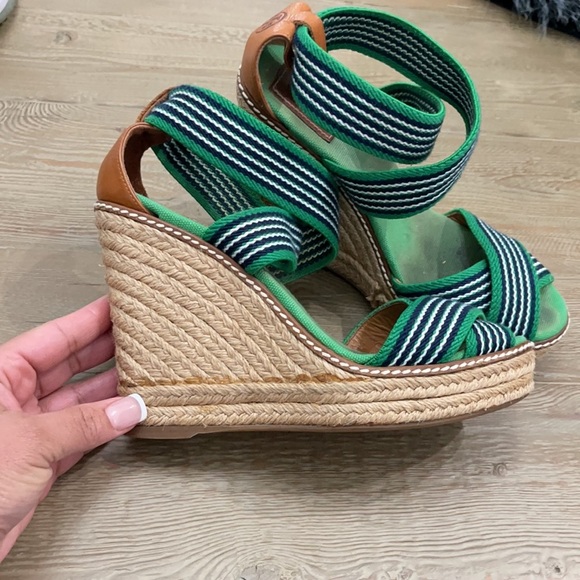 Tory Burch Adonis Wedge Espadrilles Green Stripe - Picture 1 of 9